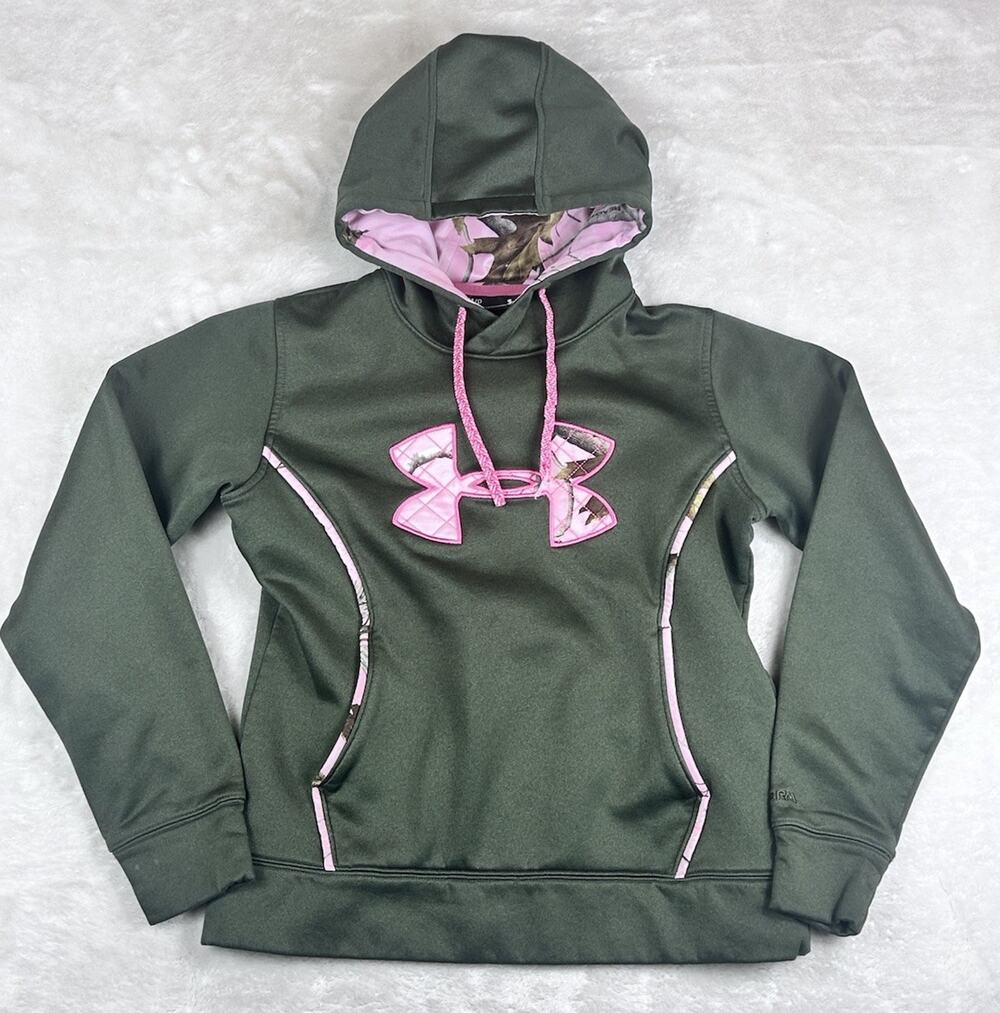 Under Armour Hoodie Womens Small Green Storm Big Pink Camo Realtree Logo Pockets